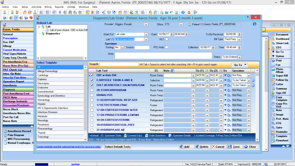 Anesthesiology Labs and Diagnostic