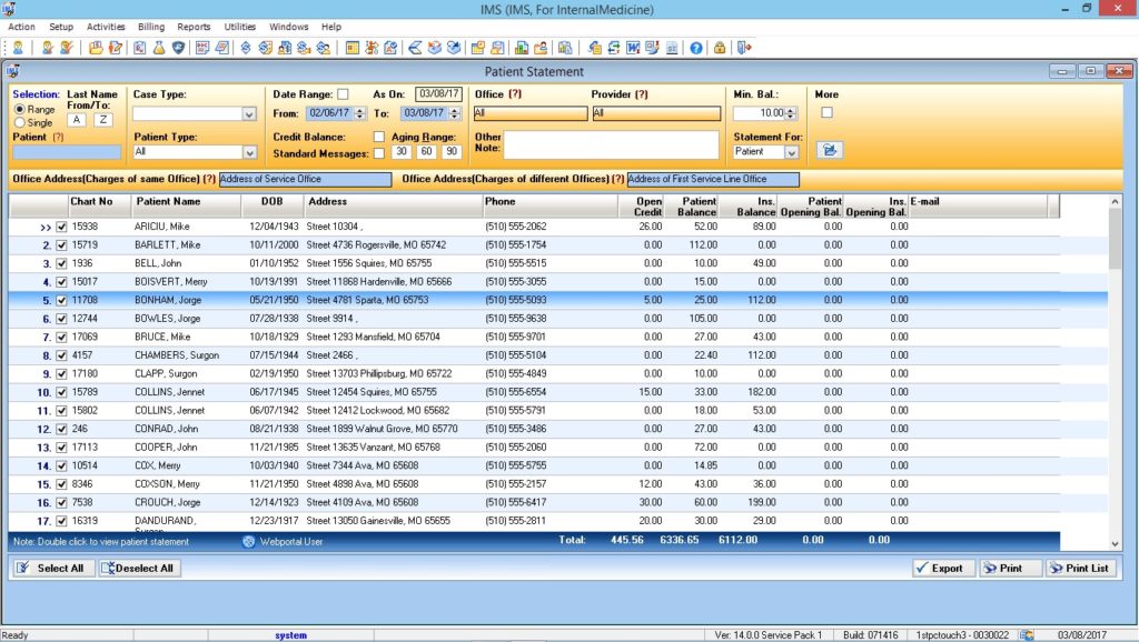 Internal Medicine Patient Statement Preview List