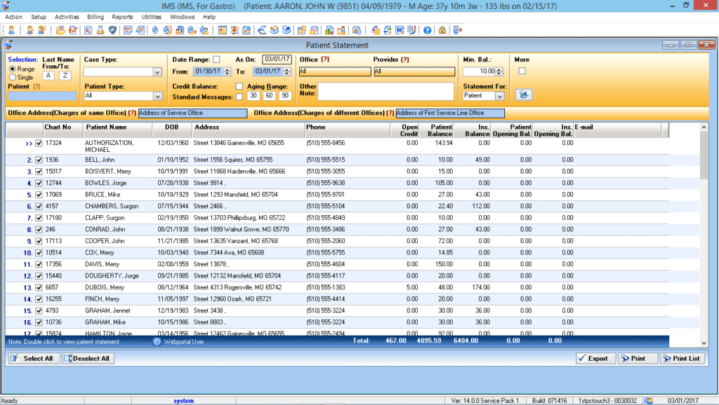 Gastrointestinal Patient Statement Preview List