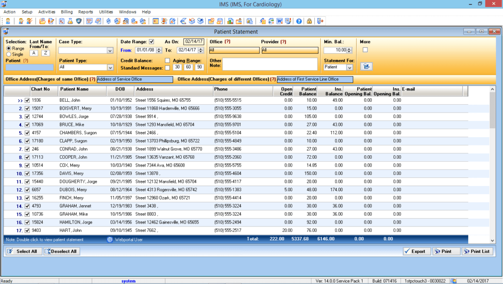 Cardiology Patient Statement Preview List