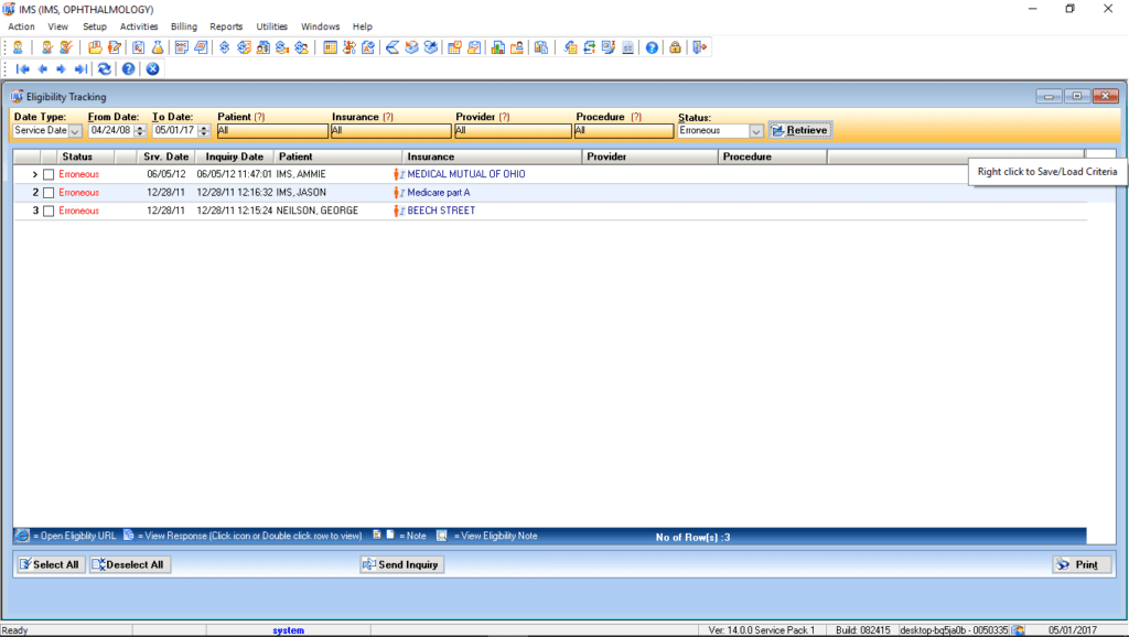 Ophthalmology Eligibility Tracking