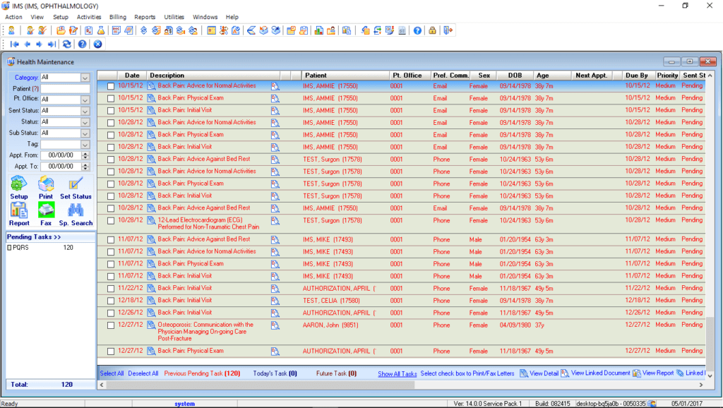 Ophthalmology Health Maintenance Tracking