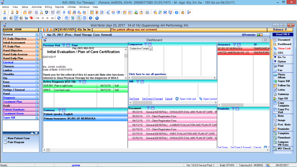 Multiple Discipline Therapy Patient Dashboard