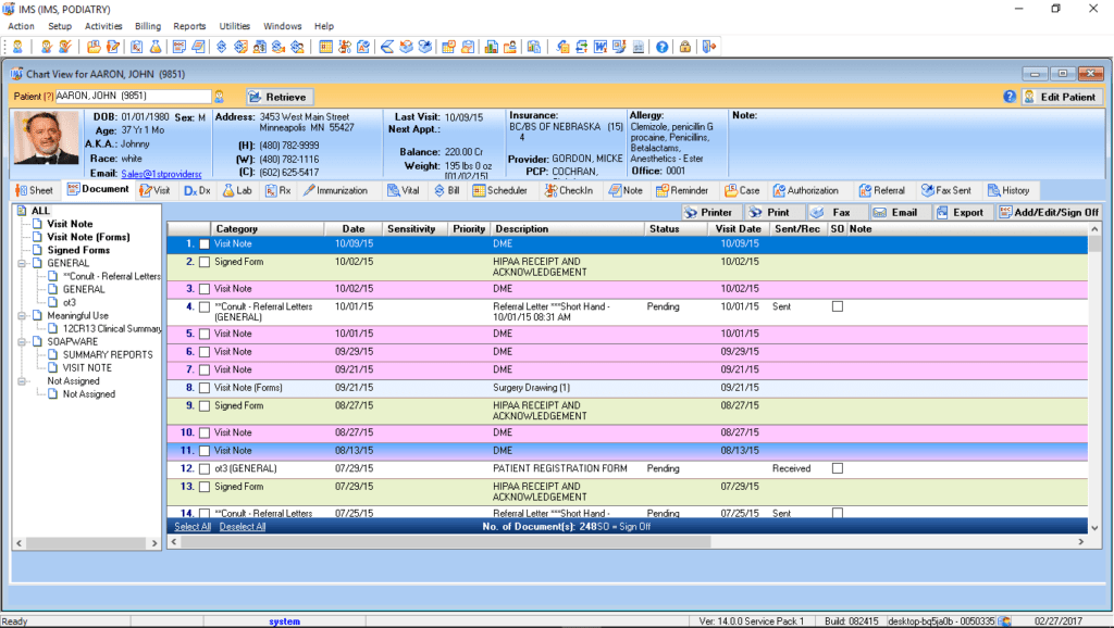 Podiatry Patient Electronic Health Record