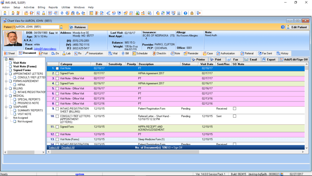 Sleep Medicine Patient Electronic Health Record