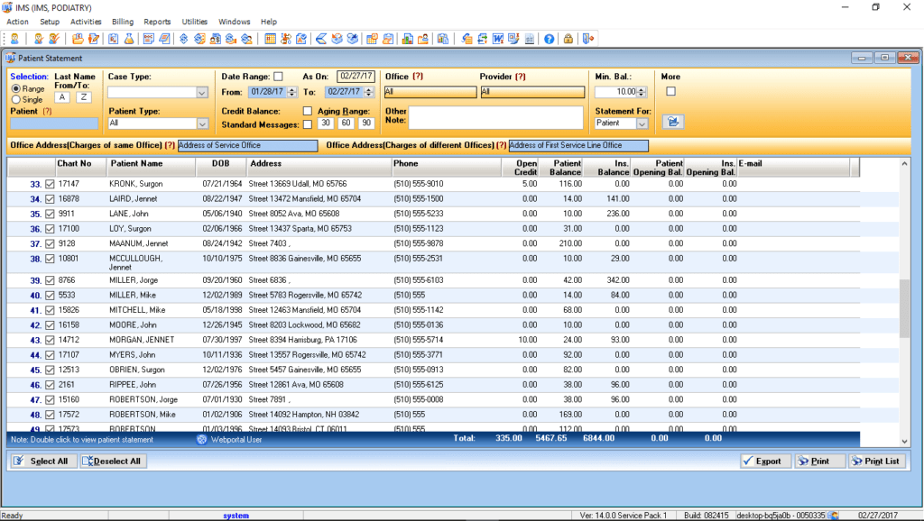 Podiatry Patient Statement Preview List