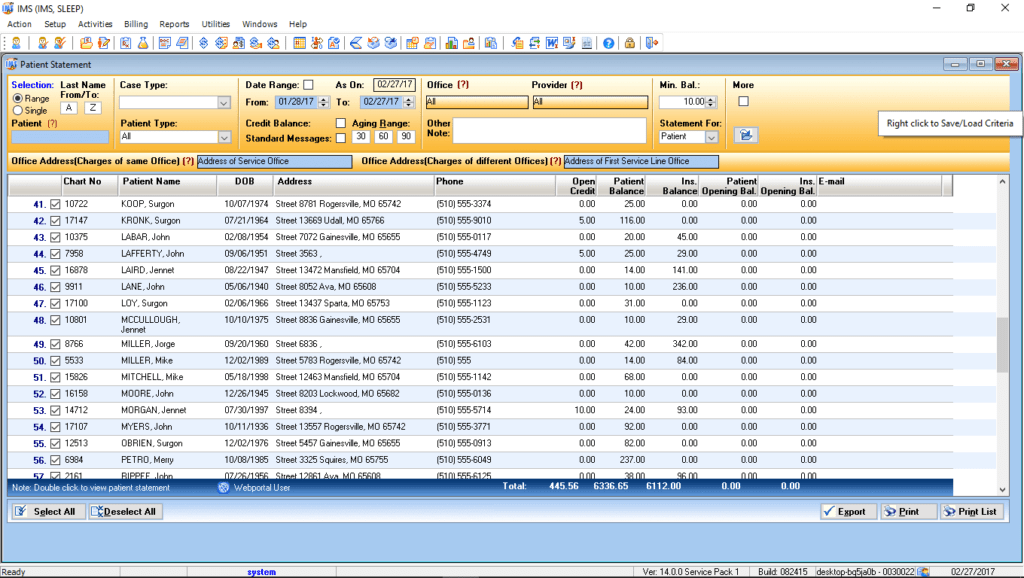 Sleep Medicine Patient Statement Preview List