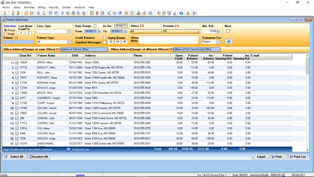 Pediatric Patient Statement Preview List