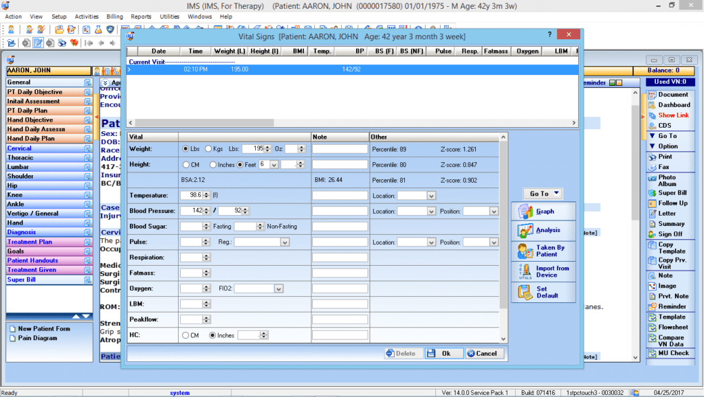 Multiple Discipline Therapy Vitals Interface