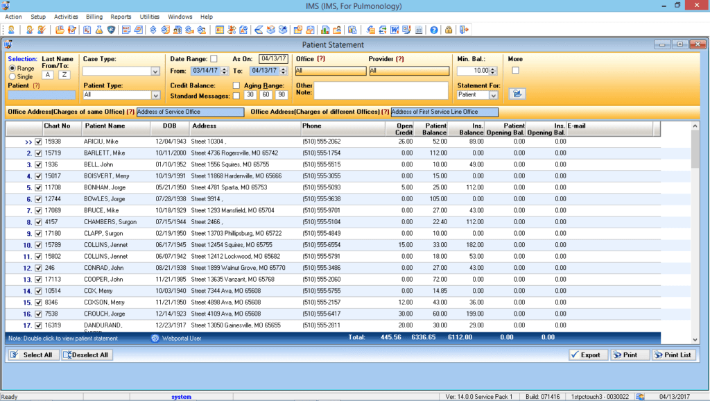 Pulmonology Patient Statement Preview List