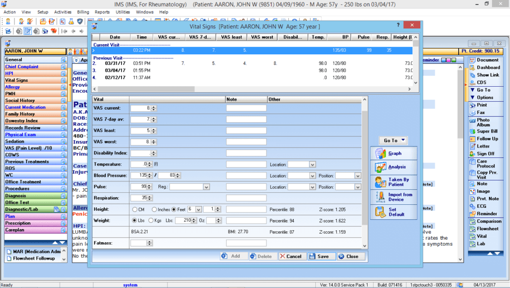 Rheumatology Vitals Interface