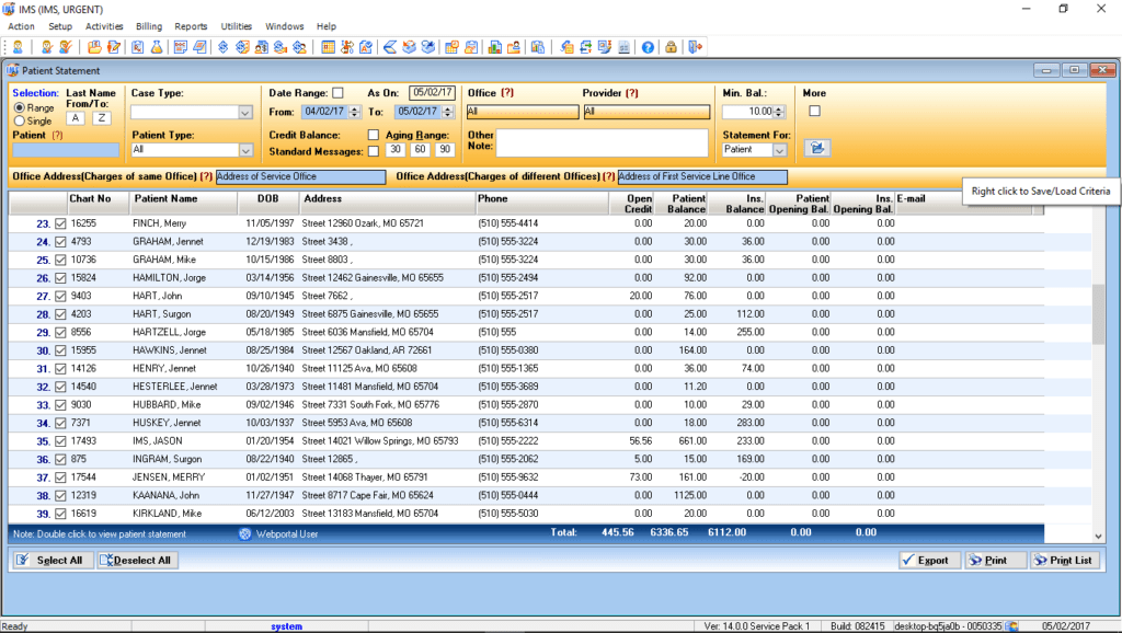 Urgent Care Patient Statement Preview List