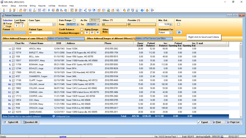 Urology Patient Statement Preview List