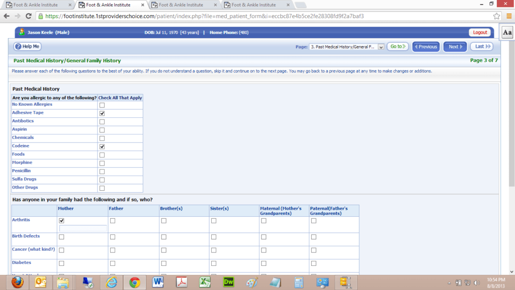 Patient Portal Past Medical History/Family History Input Screen