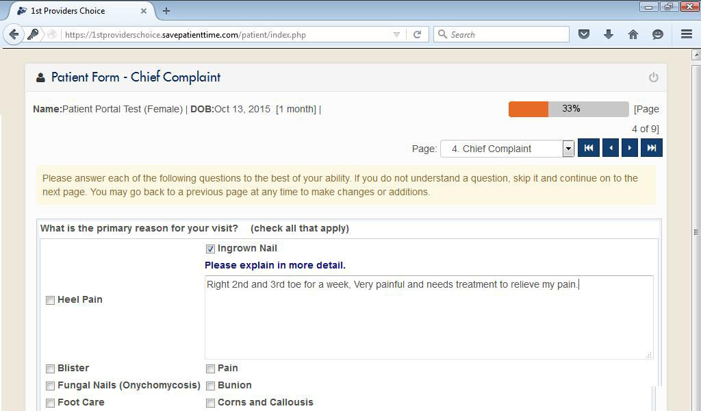 Chief Complaint Input Screen