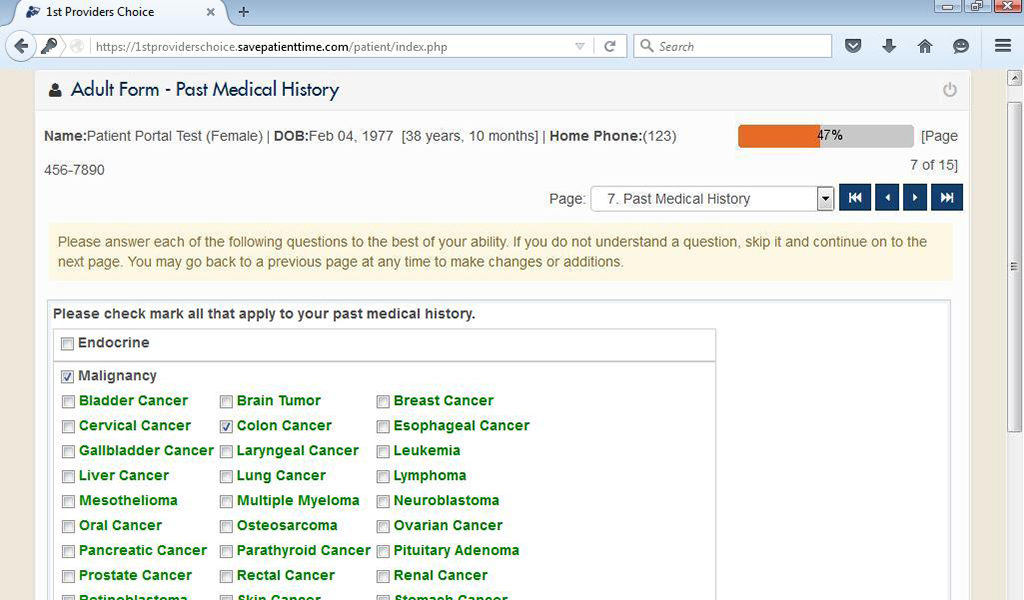 Past Medical History/Family History Input Screen