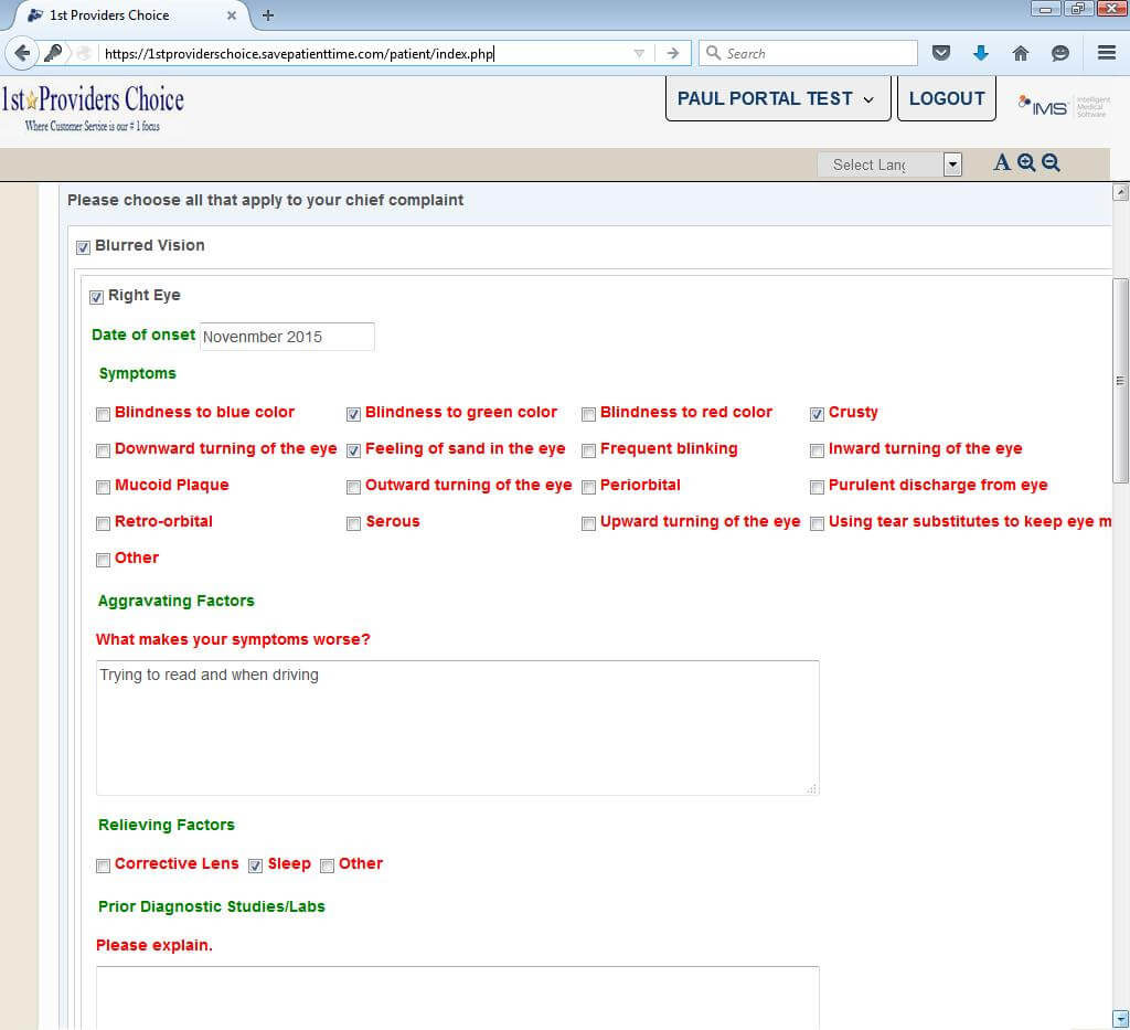 Chief Complaint Input Screen