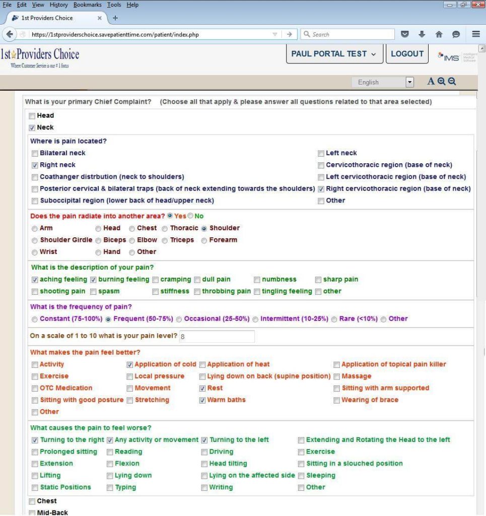 Chief Complaint Input Screen