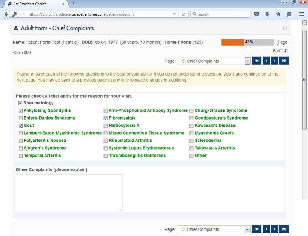 Chief Complaint Input Screen