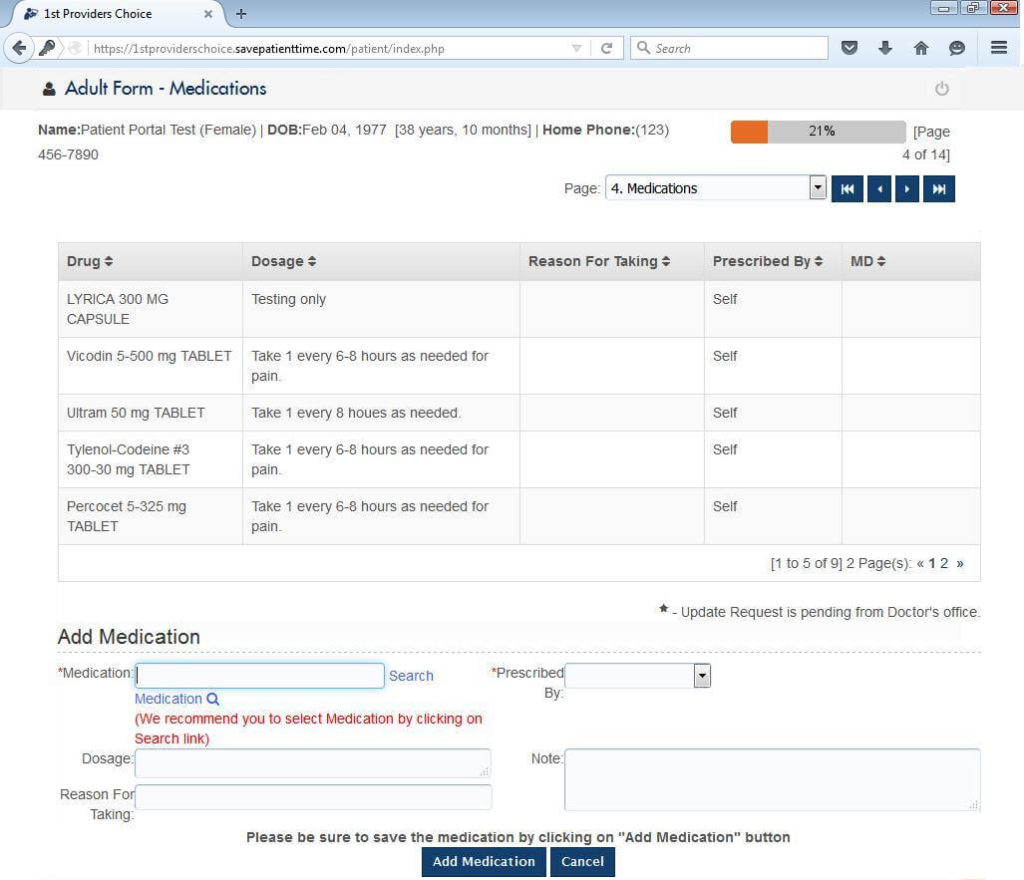 Current Medications Input Screen