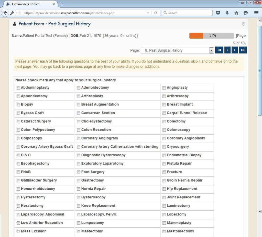 Urology Patient Portal Past Surgical History Input Screen