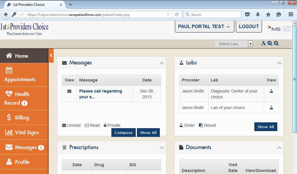 Urology Patient Portal Patient Dashboard